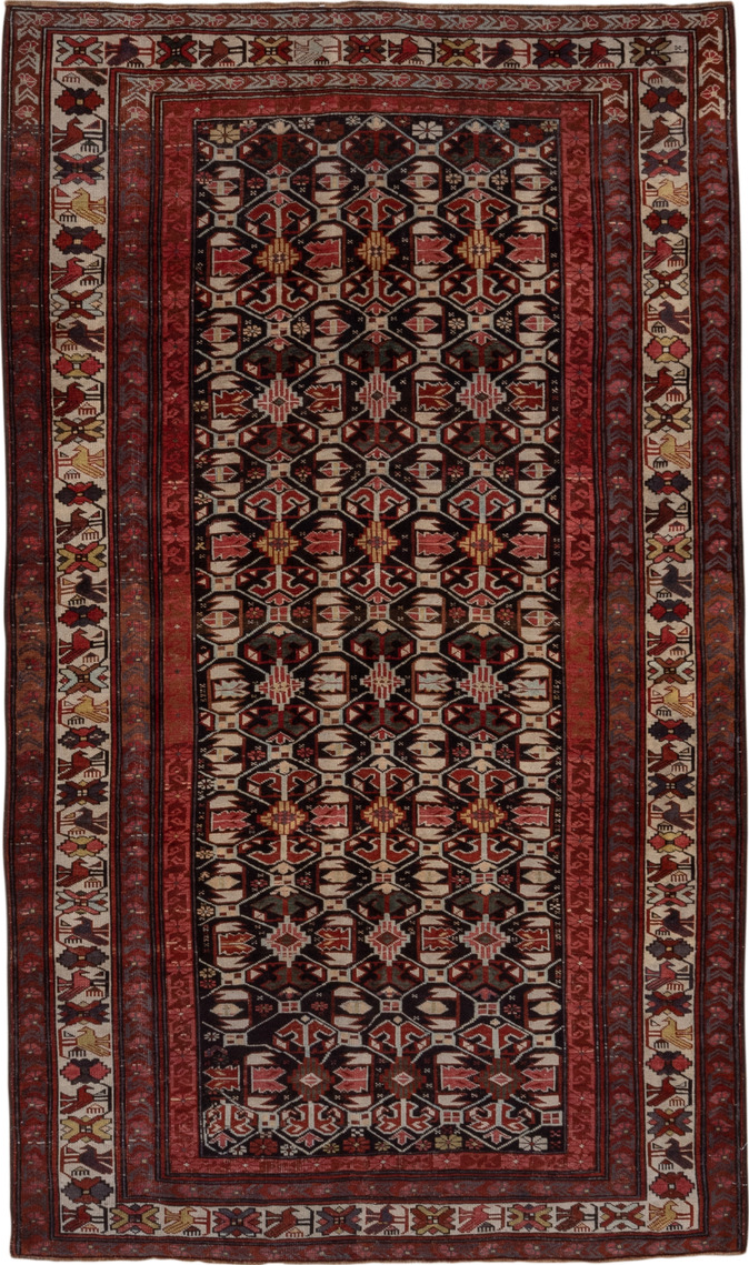 4' x 7' one-of-a-kind handmade vintage Kuba rug. Color palette: black, brown, gray, pink, red