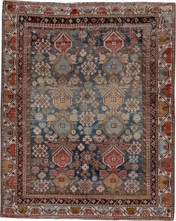 4' x 4' one-of-a-kind handmade vintage Shirvan small size rug. Color palette: black, blue, brown, charcoal, gray, light gray