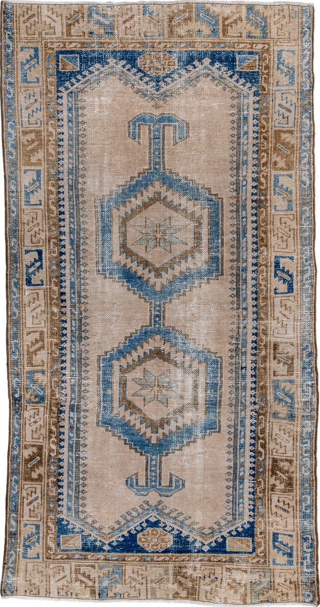3' x 6' one-of-a-kind handmade vintage Hamadan small size rug. Color palette: gray, brown, blue, light gray, off-white
