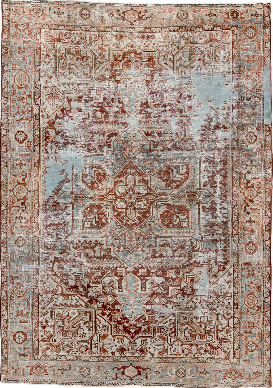 7' x 11' one-of-a-kind handmade vintage Heriz large size rug. Color palette: brown, dark gray, gray, light gray, off-white