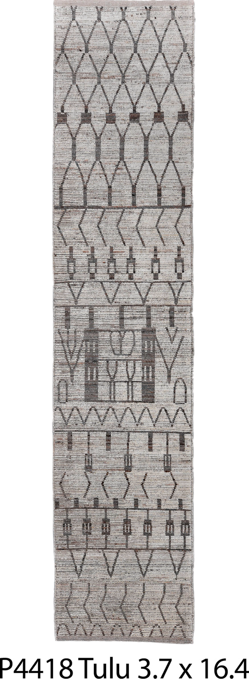 3' x 16' one-of-a-kind handmade vintage Tulu runner rug. Color palette: black, dark gray, dim gray, gainsboro, gray
