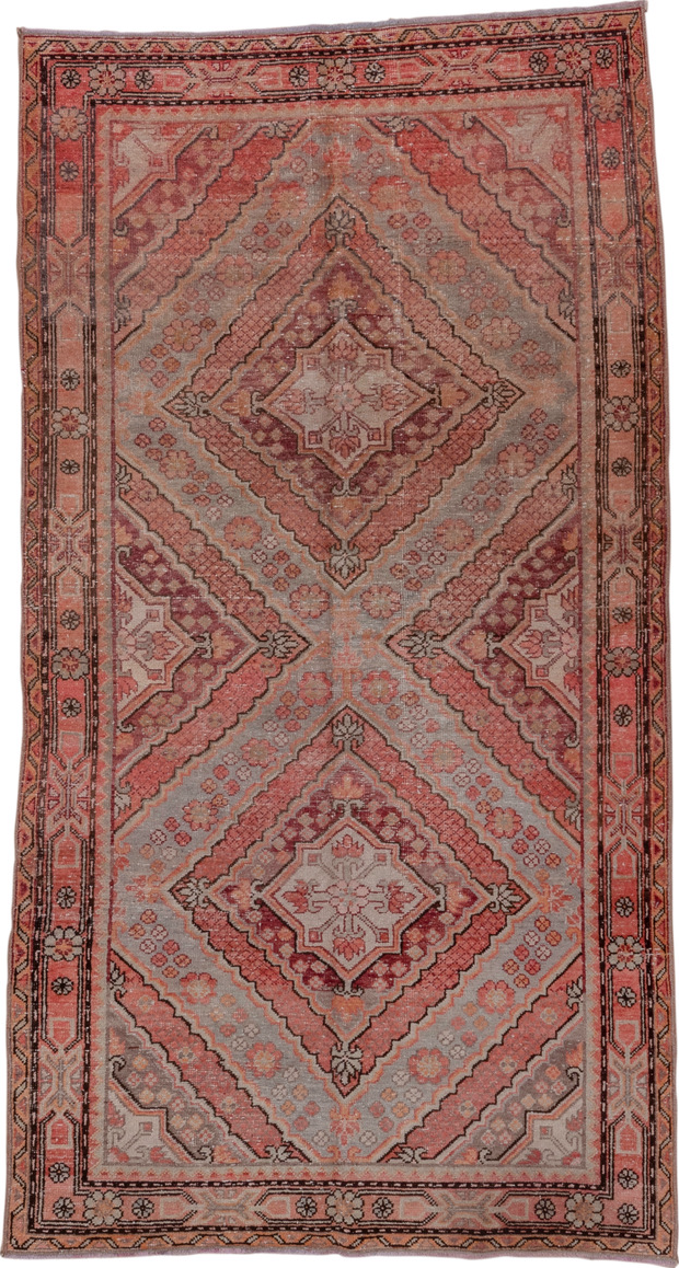 4' x 8' one-of-a-kind handmade vintage Khotan rug. Color palette: brown, gray, pink, red, redwood