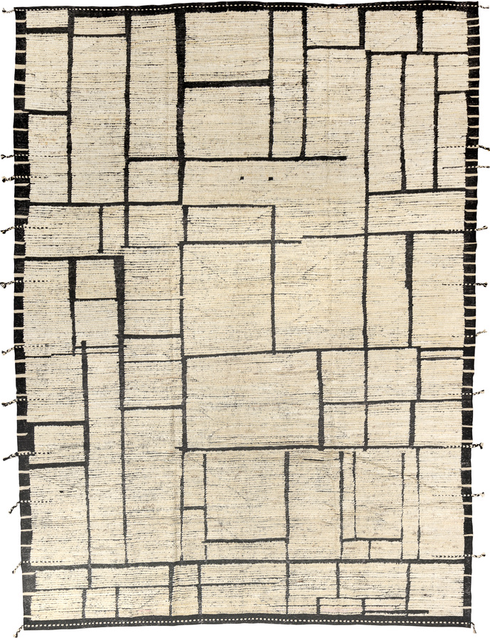 9' x 12' one-of-a-kind handmade vintage Tulu large size rug. Color palette: black, charcoal, dark gray, dim gray, gainsboro