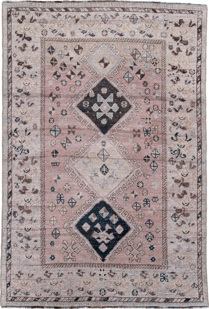 4' x 5' one-of-a-kind handmade vintage Gabbe small size rug. Color palette: black, blue, brown, dim gray, gainsboro, gray