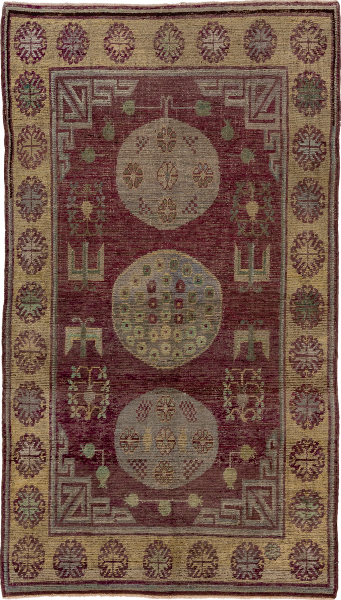 3' x 6' one-of-a-kind handmade vintage Khotan small size rug. Color palette: brown, gray, red