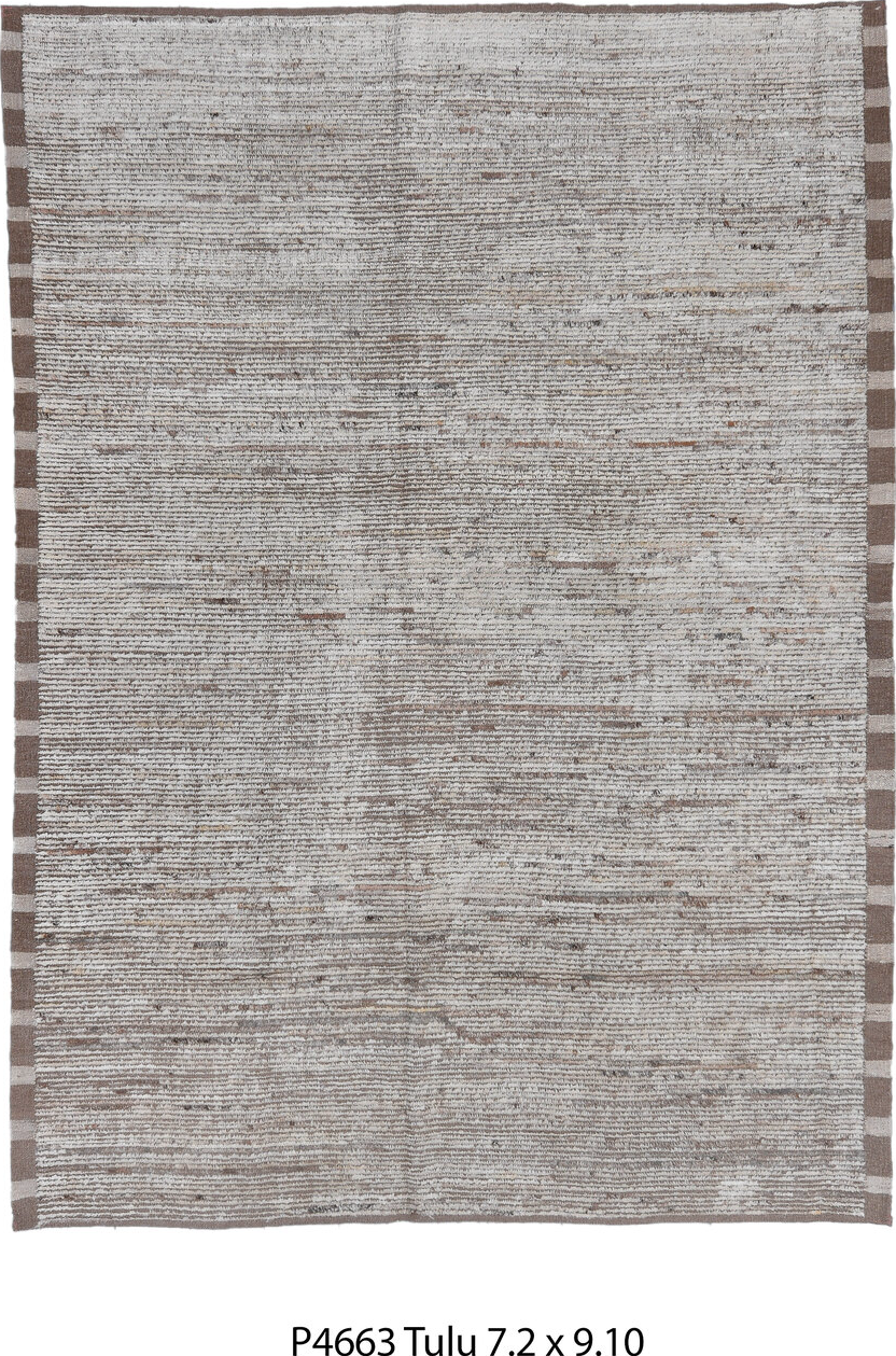 7' x 9' one-of-a-kind handmade vintage Tulu rug. Color palette: dark gray, dim gray, gainsboro, gray, light gray, off-white