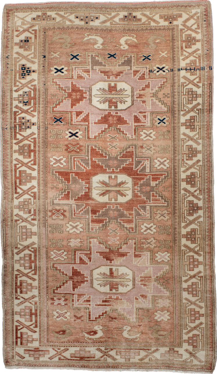 3' x 6' one-of-a-kind handmade vintage Anatol small size rug. Color palette: brown, light gray, off-white, orange, pink, tan