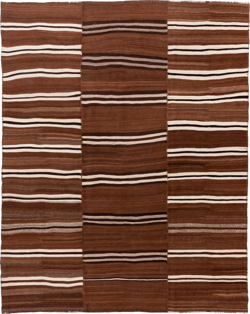 8' x 10' one-of-a-kind handmade vintage Kilim large size rug. Color palette: antiquewhite, brown, light gray, linen