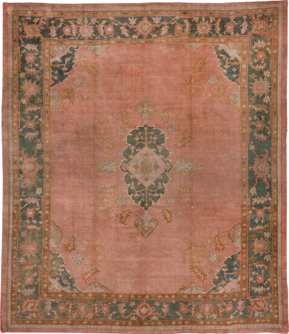 11' x 13' one-of-a-kind handmade vintage Oushak oversize rug. Color palette: brown, gray, pink