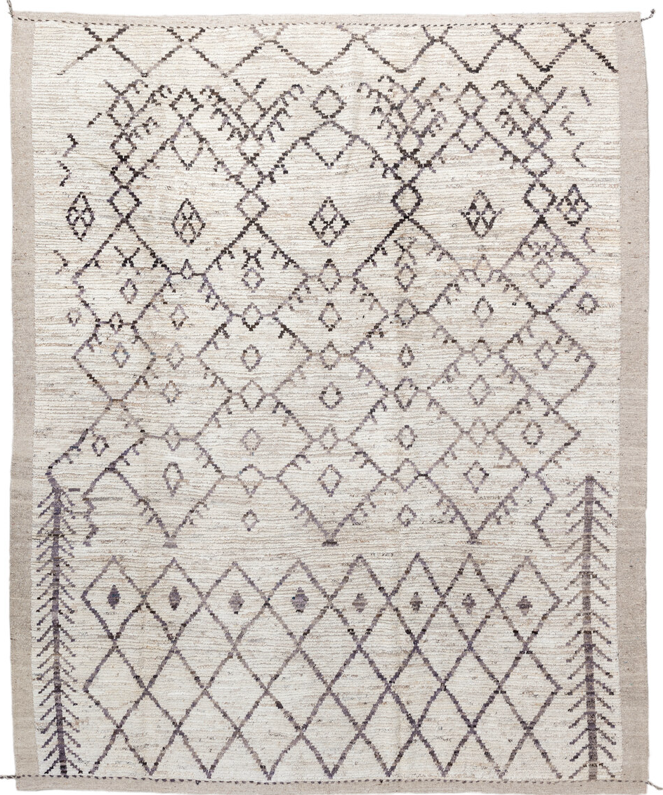 8' x 10' one-of-a-kind handmade vintage Tulu large size rug. Color palette: gray, off-white, light gray, black, linen