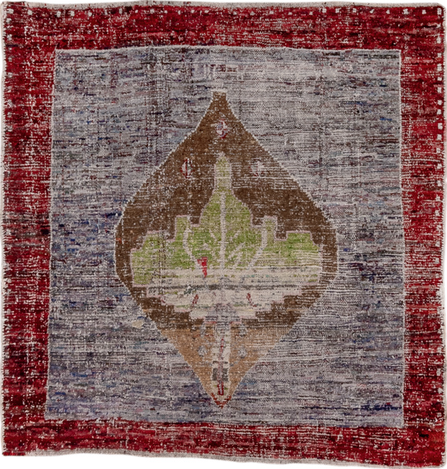 3' x 3' one-of-a-kind handmade vintage Tulu small size rug. Color palette: brown, gray, light gray, pink, red