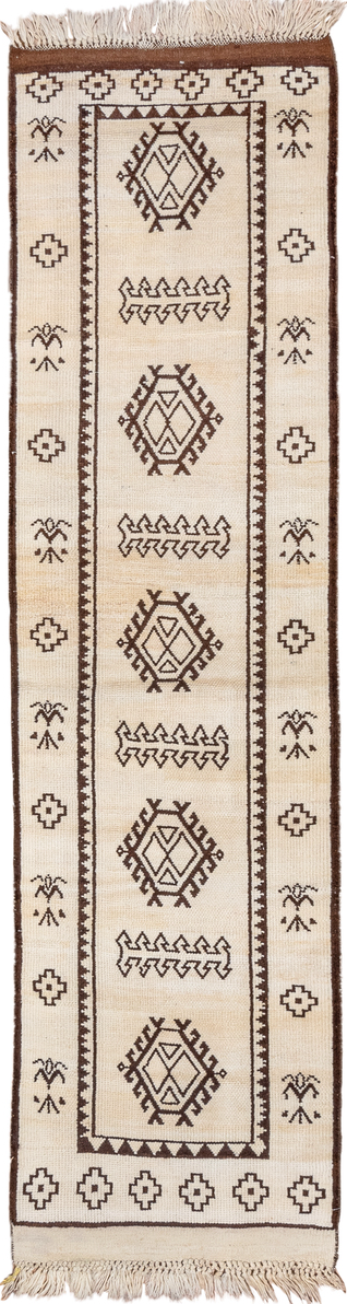 2' x 9' one-of-a-kind handmade vintage Kars runner rug. Color palette: antiquewhite, brown, gray, light gray, off-white