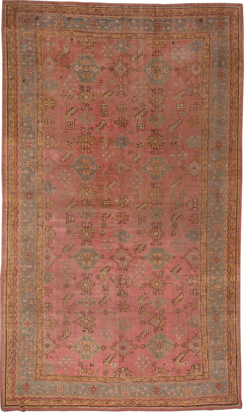 10' x 16' one-of-a-kind handmade vintage Oushak rug. Color palette: brown, gray, off-white, orange, pink, snow, white