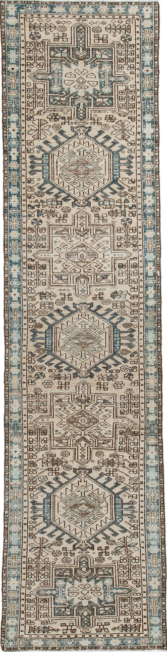 2' x 11' one-of-a-kind handmade vintage Karaje runner rug. Color palette: brown, gray, light gray, off-white, pink