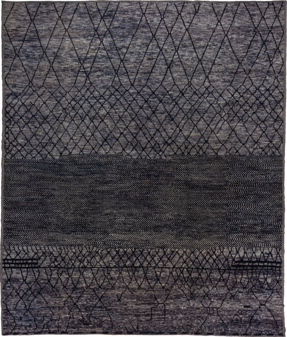 12' x 15' one-of-a-kind handmade vintage Tulu oversize rug. Color palette: black, blue, charcoal, dark gray, dim gray, gray
