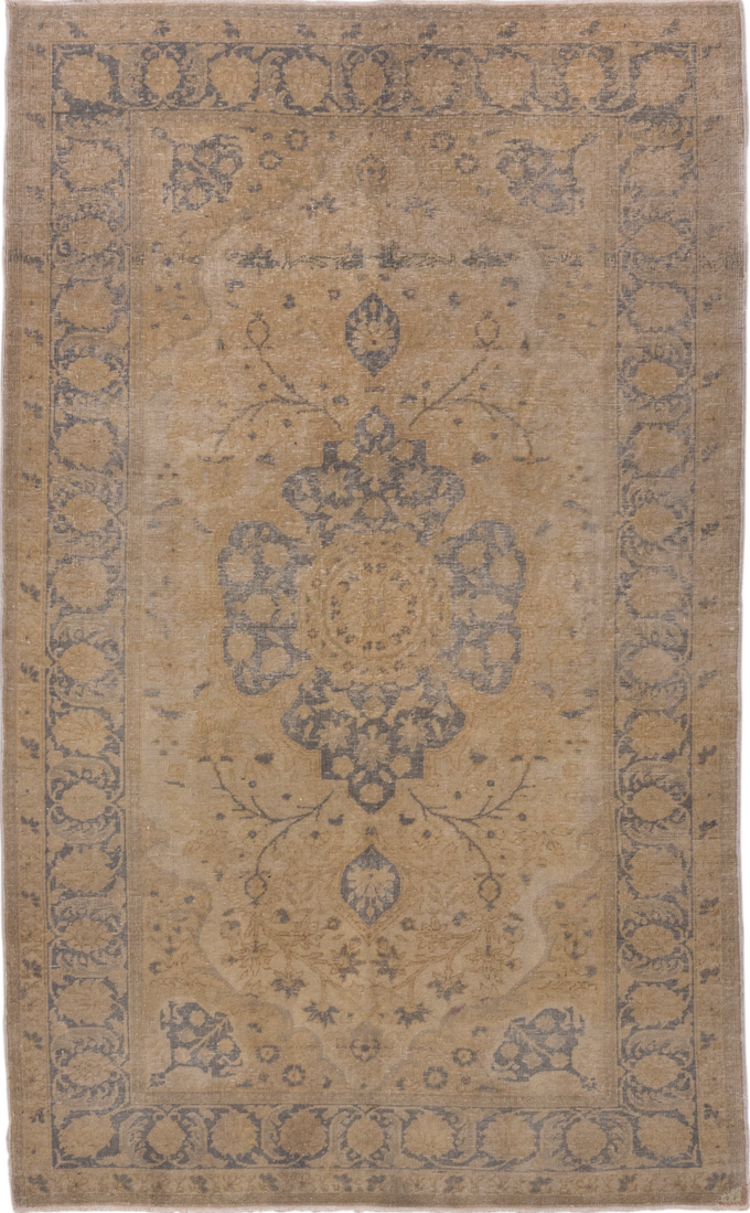 4' x 7' one-of-a-kind handmade vintage Oushak rug. Color palette: brown, gray, light gray, off-white, pink, snow, white