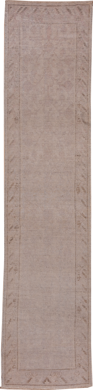 2' x 12' one-of-a-kind handmade vintage Khotan runner rug. Color palette: brown, gray, light gray, off-white, pink, snow