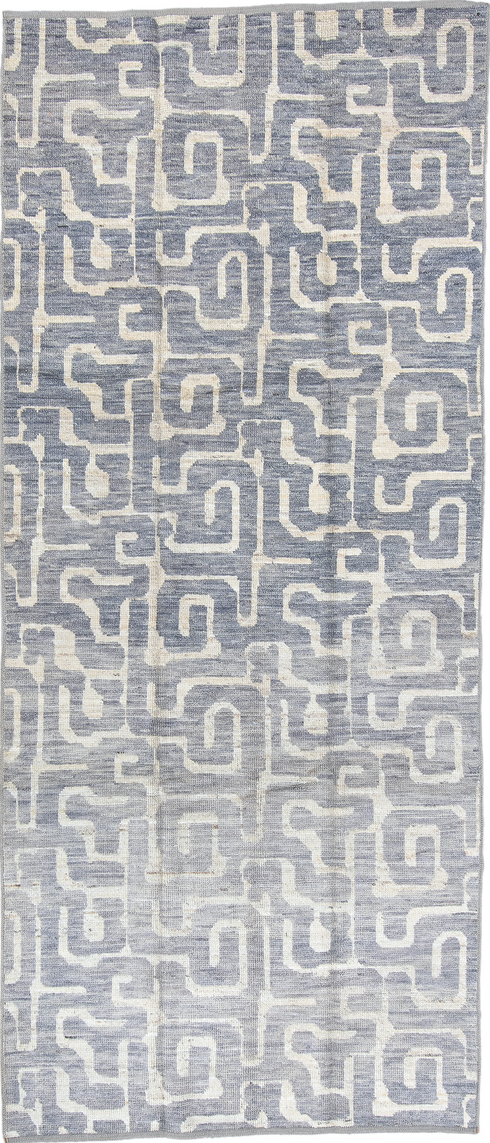 4' x 9' one-of-a-kind handmade vintage Tulu runner rug. Color palette: black, dark gray, dim gray, gainsboro, gray