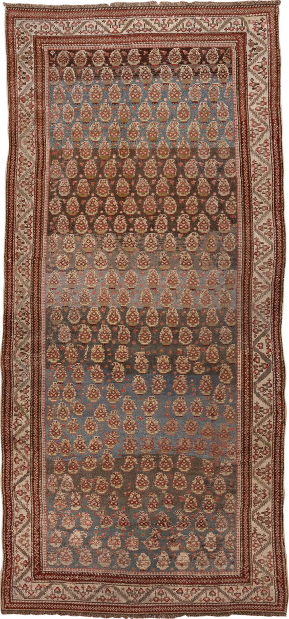4' x 10' one-of-a-kind handmade vintage Malayer runner rug. Color palette: brown, dim gray, gray, light gray, pink, red