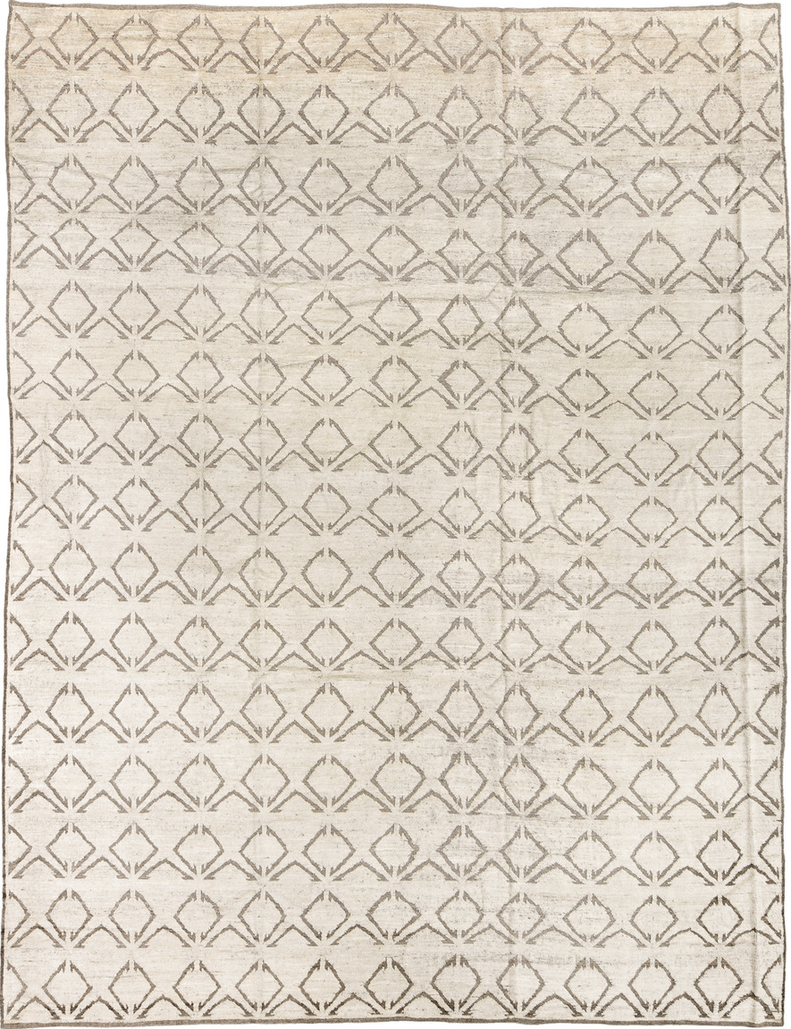 10' x 13' one-of-a-kind handmade vintage Tulu large size rug. Color palette: off-white, gray, light gray, brown, pink
