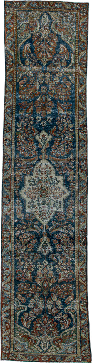 3' x 12' one-of-a-kind handmade vintage Hamadan runner rug. Color palette: black, blue, brown, charcoal, dim gray, gray