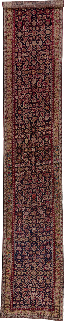 3' x 18' one-of-a-kind handmade vintage Karabagh runner rug. Color palette: black, brown, gray, off-white, pink, red, snow