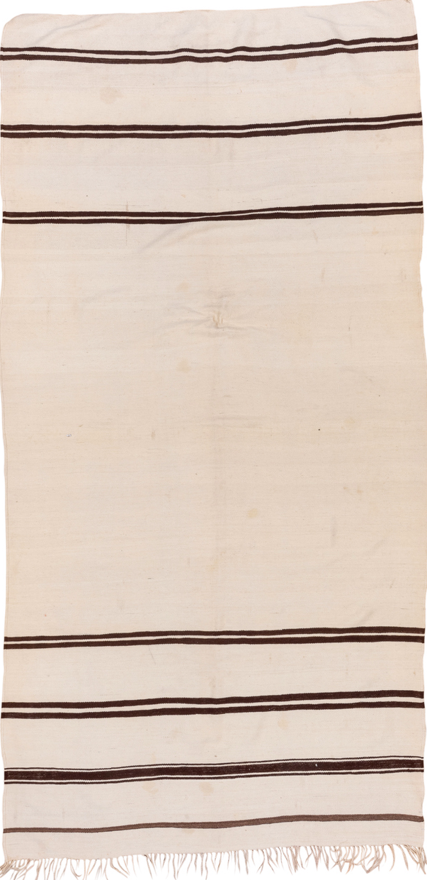 5' x 10' one-of-a-kind handmade vintage Blanket medium size rug. Color palette: antiquewhite, brown, gray, light gray, linen