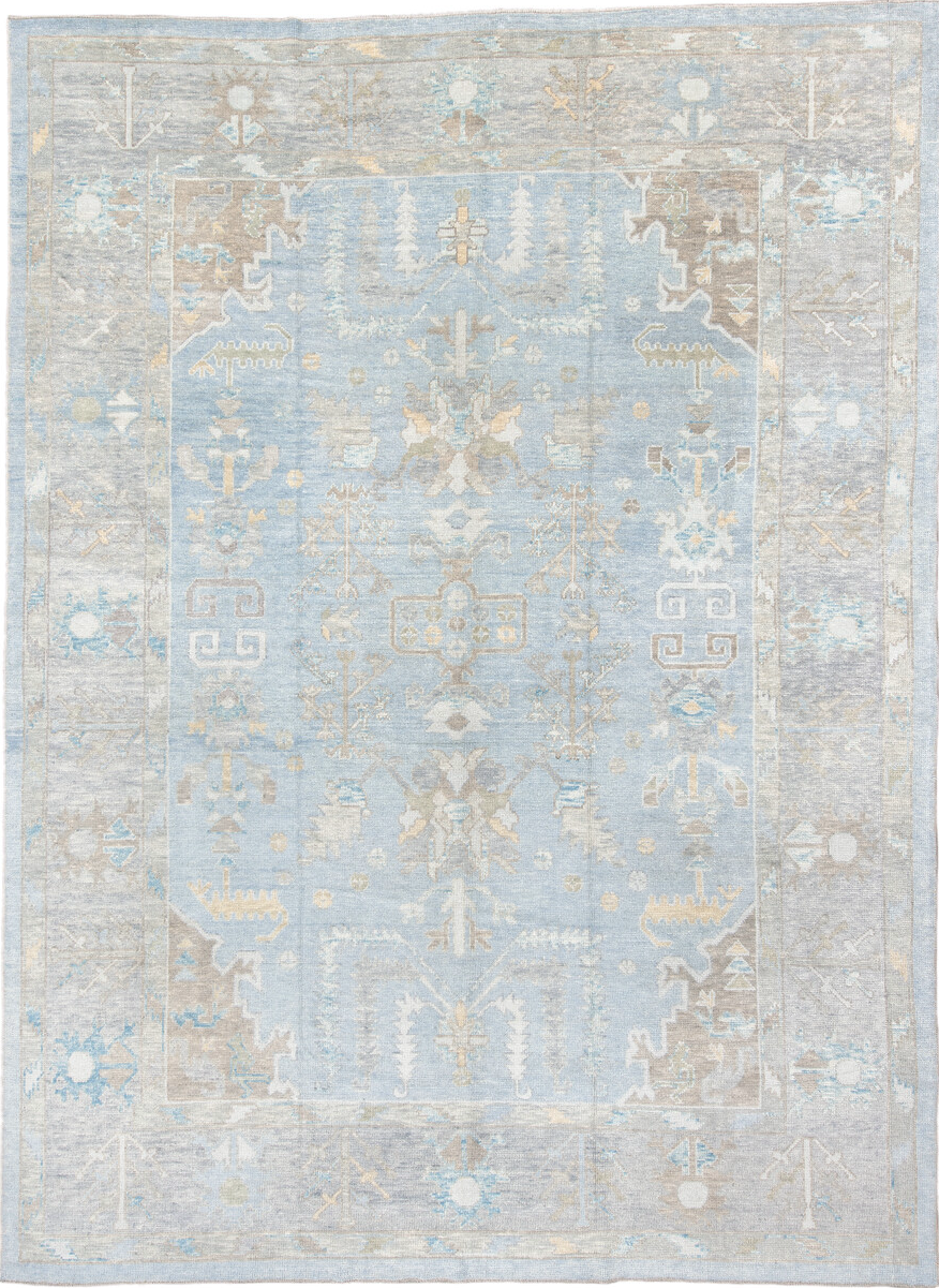 10' x 14' one-of-a-kind handmade vintage Oushak large size rug. Color palette: gray, light blue, light gray, off-white
