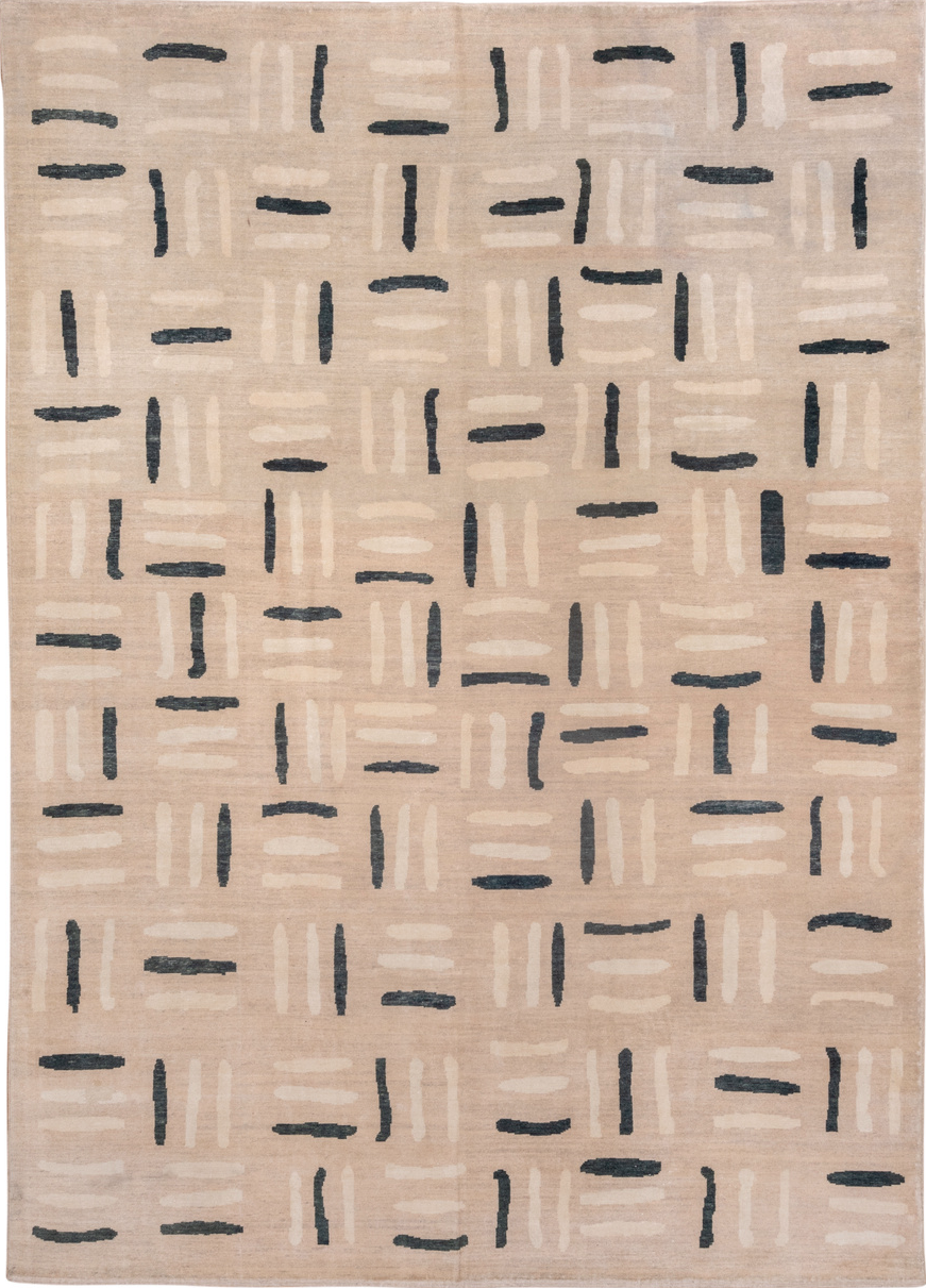 8' x 12' one-of-a-kind handmade vintage Modern large size rug. Color palette: black, blue, brown, charcoal, dim gray, gray
