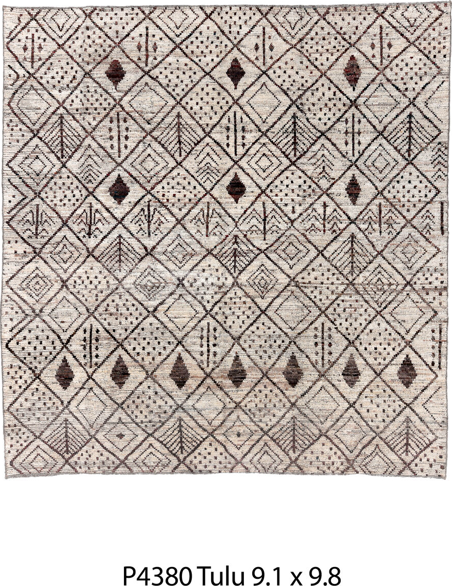 9' x 9' one-of-a-kind handmade vintage Tulu rug. Color palette: black, brown, dark gray, dim gray, gray, light gray, linen