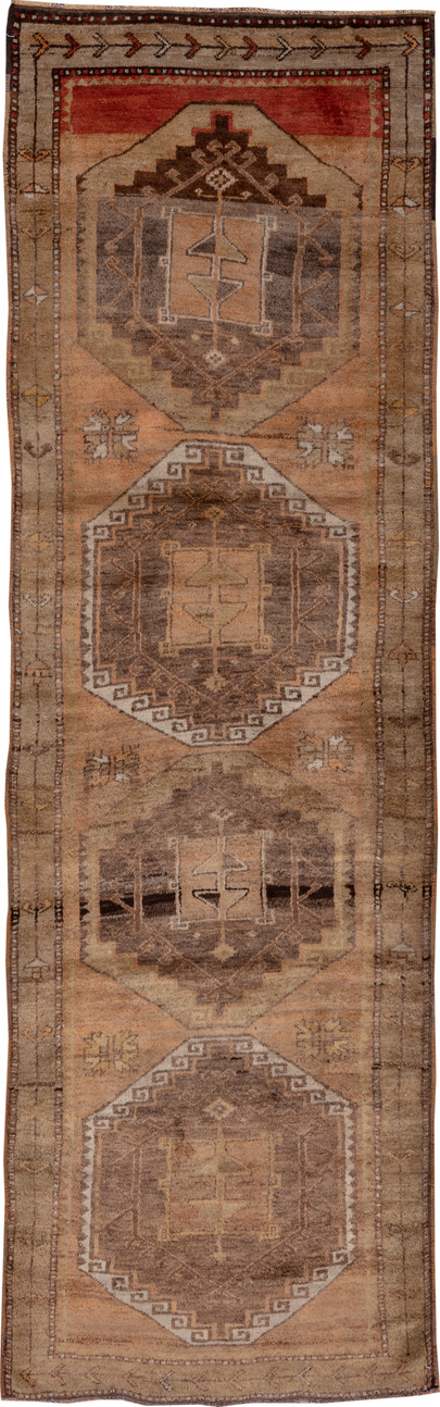 3' x 10' one-of-a-kind handmade vintage Oushak runner rug. Color palette: brown, pink