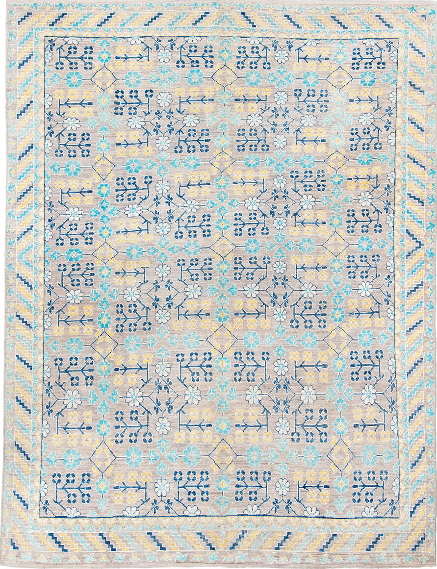 9' x 12' one-of-a-kind handmade vintage Khotan large size rug. Color palette: antiquewhite, blue, brown, cornsilk, dark gray