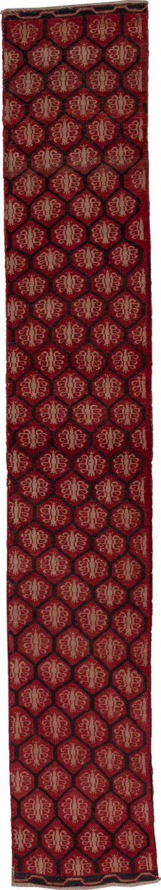 2' x 12' one-of-a-kind handmade vintage Oushak runner rug. Color palette: brown, gray, off-white, pink, red, snow, white