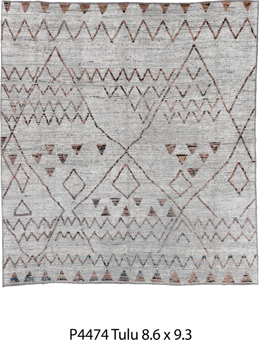 8' x 9' one-of-a-kind handmade vintage Tulu rug. Color palette: black, brown, charcoal, dark gray, dim gray, gainsboro, gray