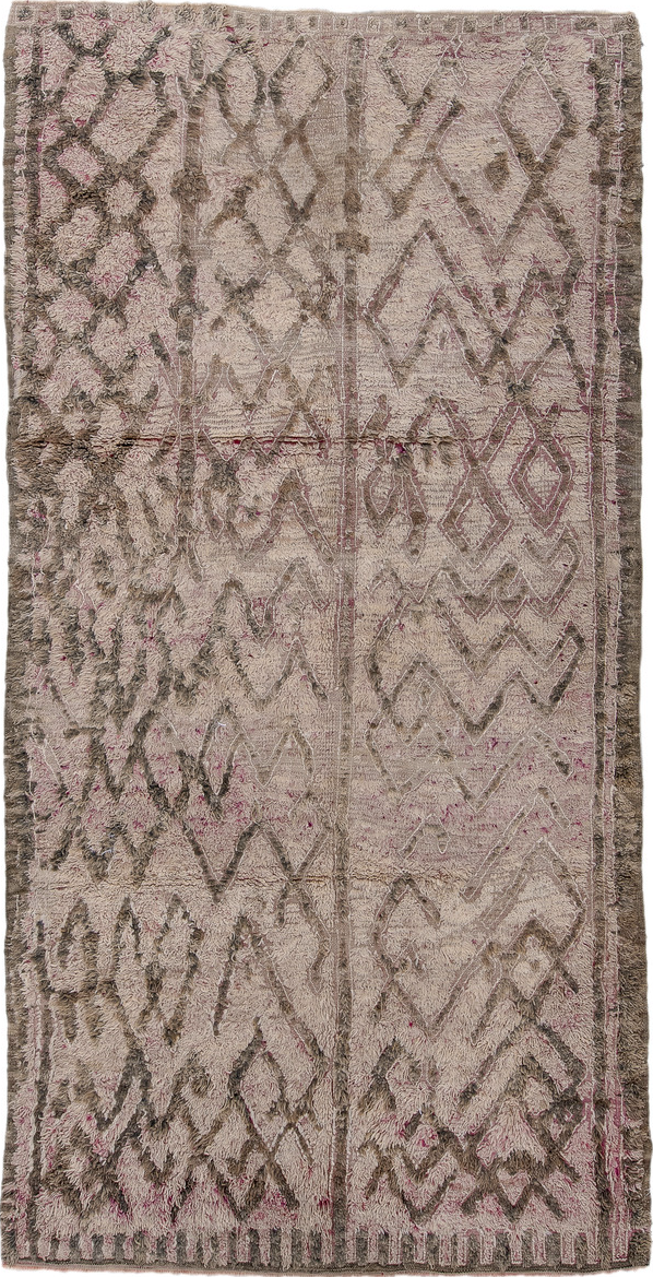 5' x 10' one-of-a-kind handmade vintage Moroccan medium size rug. Color palette: brown, gray, light gray, off-white, pink