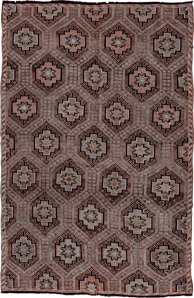 5' x 8' one-of-a-kind handmade vintage Jijim medium size rug. Color palette: black, brown, gray, light gray, off-white, pink
