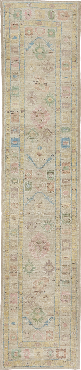 2' x 13' one-of-a-kind handmade vintage Tulu runner rug. Color palette: brown, gray, light gray, off-white, orange, silver