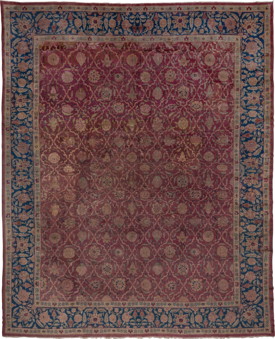 12' x 14' one-of-a-kind handmade vintage Agra oversize rug. Color palette: red, brown, gray, black, pink, blue, redwood