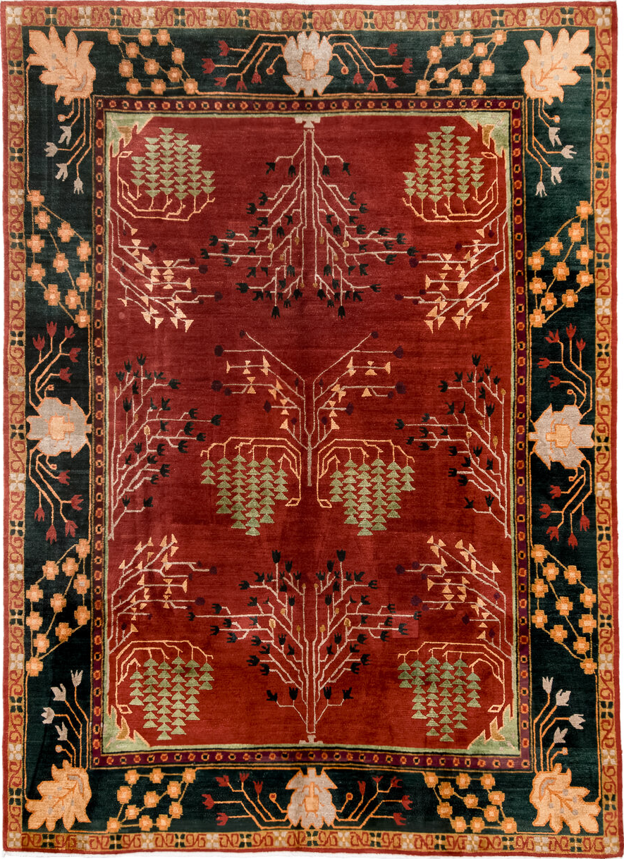 9' x 13' one-of-a-kind handmade vintage Donegal large size rug. Color palette: black, brown, burlywood, charcoal, gray