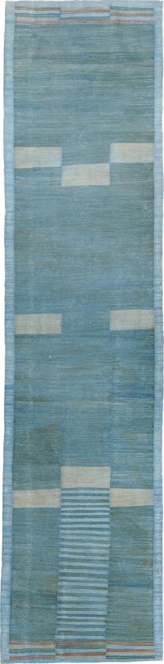 2' x 10' one-of-a-kind handmade vintage Kilim runner rug. Color palette: blue, gray, light blue, light gray