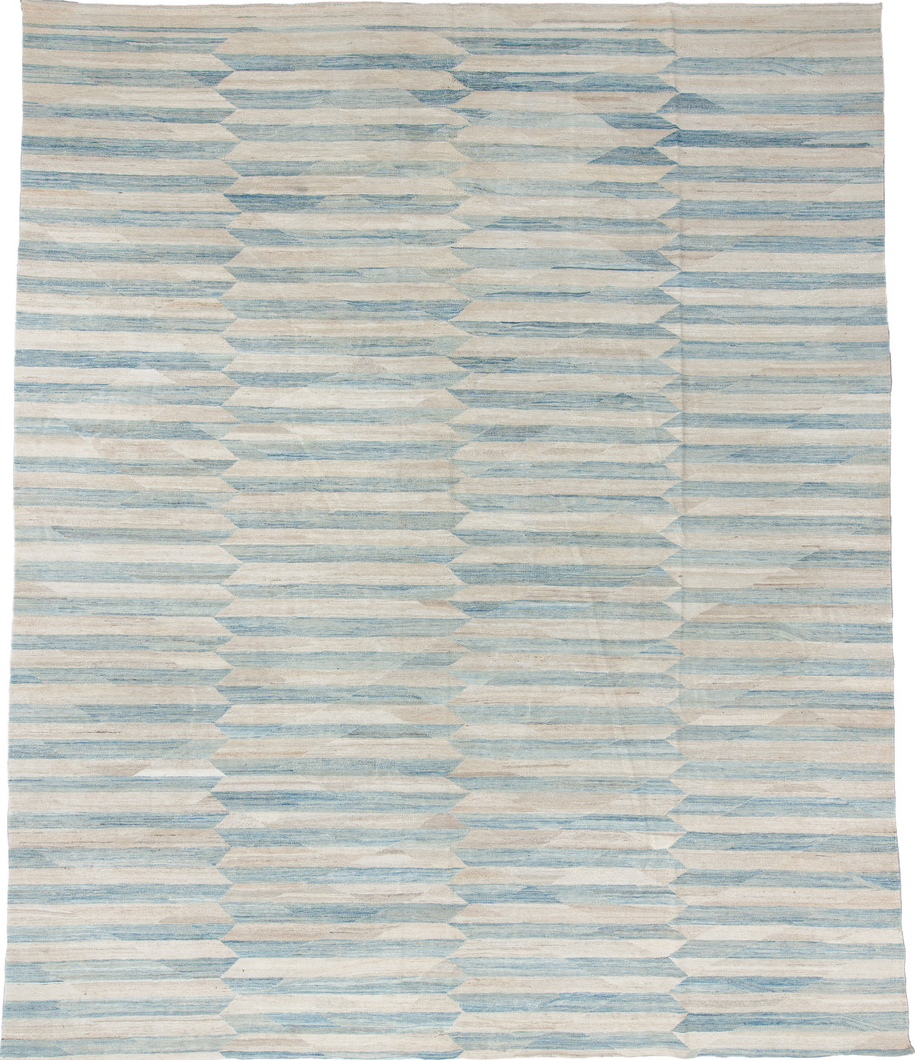 12' x 14' one-of-a-kind handmade vintage Kilim oversize rug. Color palette: black, blue, charcoal, gainsboro, gray