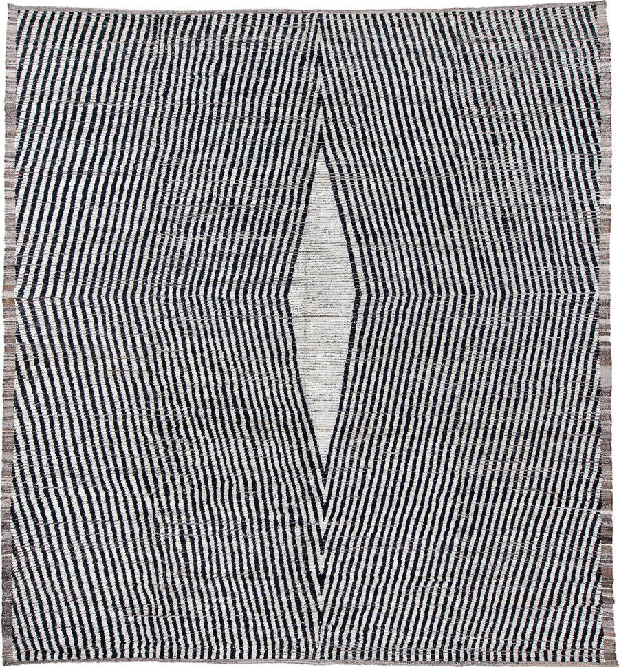 13' x 14' one-of-a-kind handmade vintage Tulu oversize rug. Color palette: black, blue, dark gray, gainsboro, gray