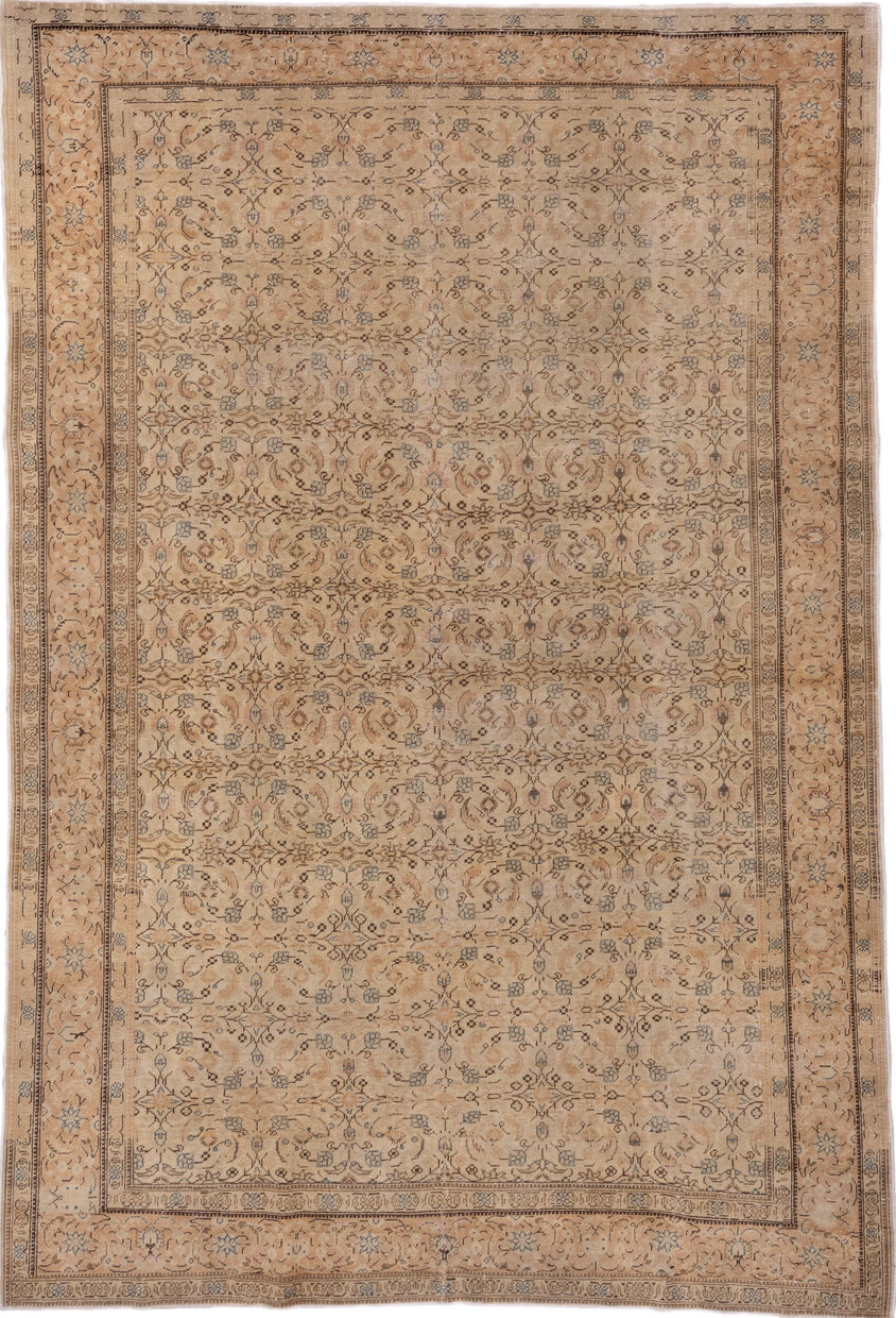 6' x 9' one-of-a-kind handmade vintage Kaisary medium size rug. Color palette: brown, orange, off-white, gray, tan