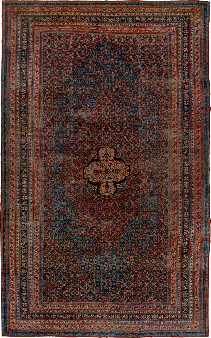 12' x 19' one-of-a-kind handmade vintage Tabriz oversize rug. Color palette: black, blue, brown, gray, pink, red, redwood