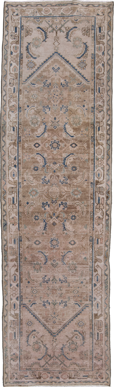 2' x 9' one-of-a-kind handmade vintage Hamadan runner rug. Color palette: blue, dim gray, gray, light gray, off-white, pink