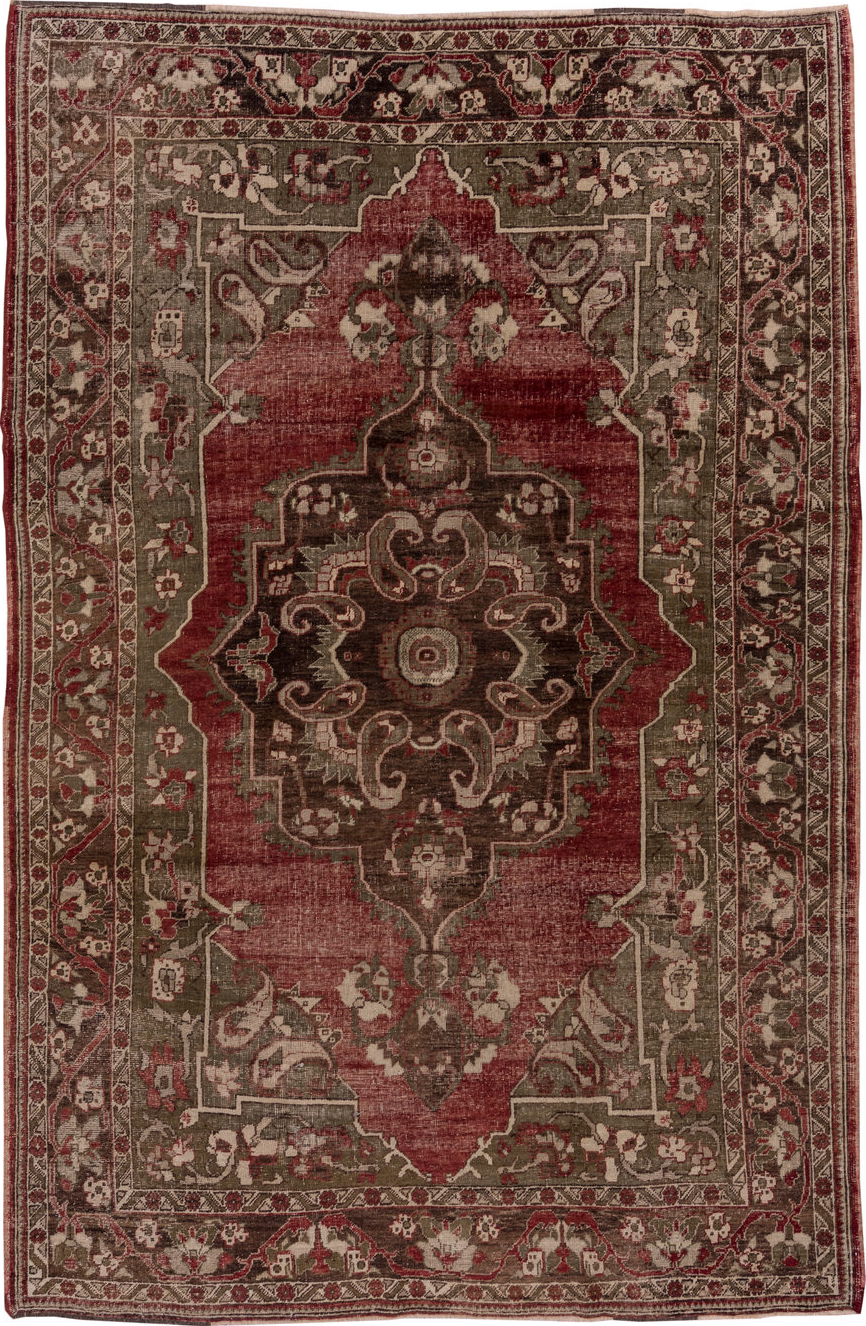 7' x 10' one-of-a-kind handmade vintage Oushak large size rug. Color palette: brown, pink, red, redwood