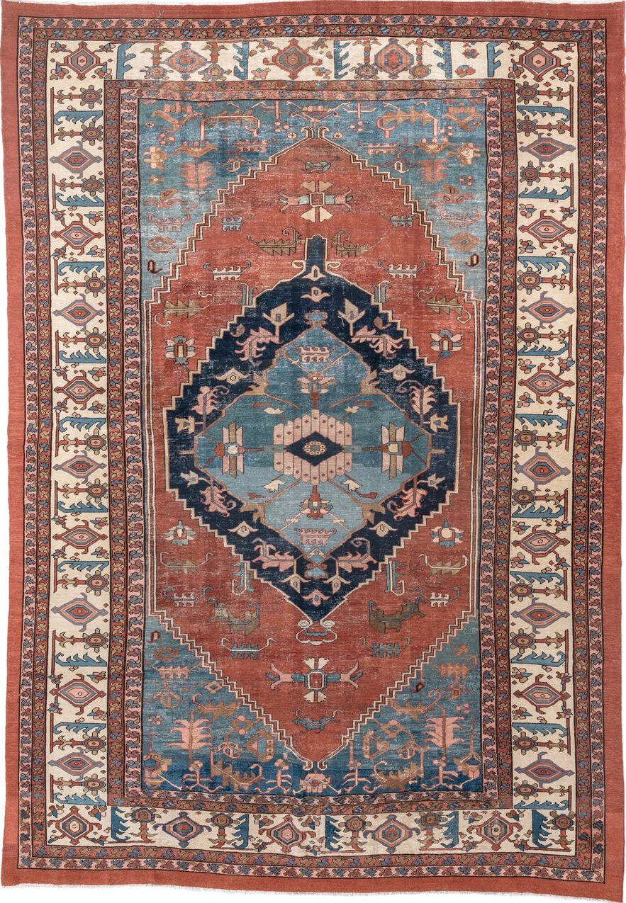 11' x 16' one-of-a-kind handmade vintage Serapi oversize rug. Color palette: pink, gray, blue, black, off-white, brown
