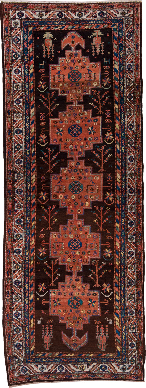 4' x 11' one-of-a-kind handmade vintage Malayer runner rug. Color palette: blue, brown, gray, light gray, pink, red