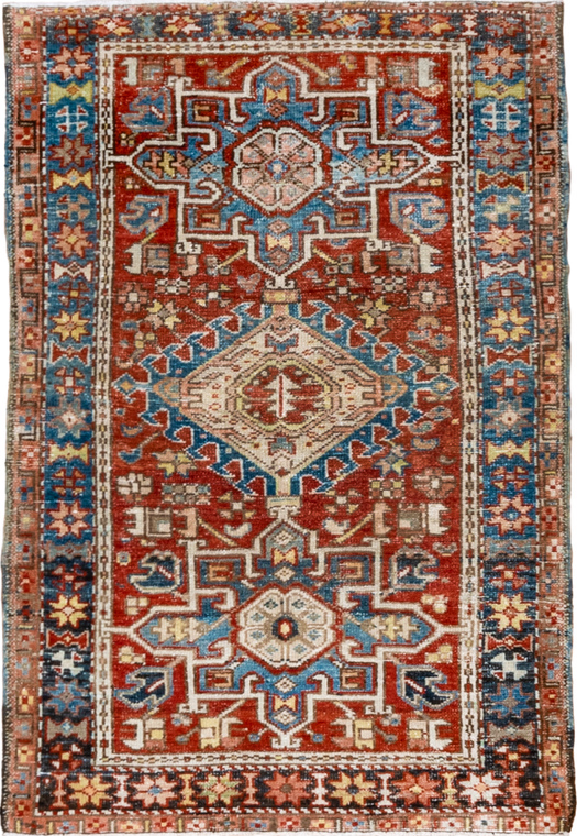 3' x 4' one-of-a-kind handmade vintage Karaje small size rug. Color palette: black, blue, brown, charcoal, gray, light gray