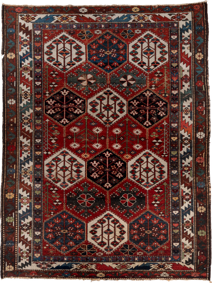 4' x 6' one-of-a-kind handmade vintage Baktiary small size rug. Color palette: black, blue, brown, gray, light gray